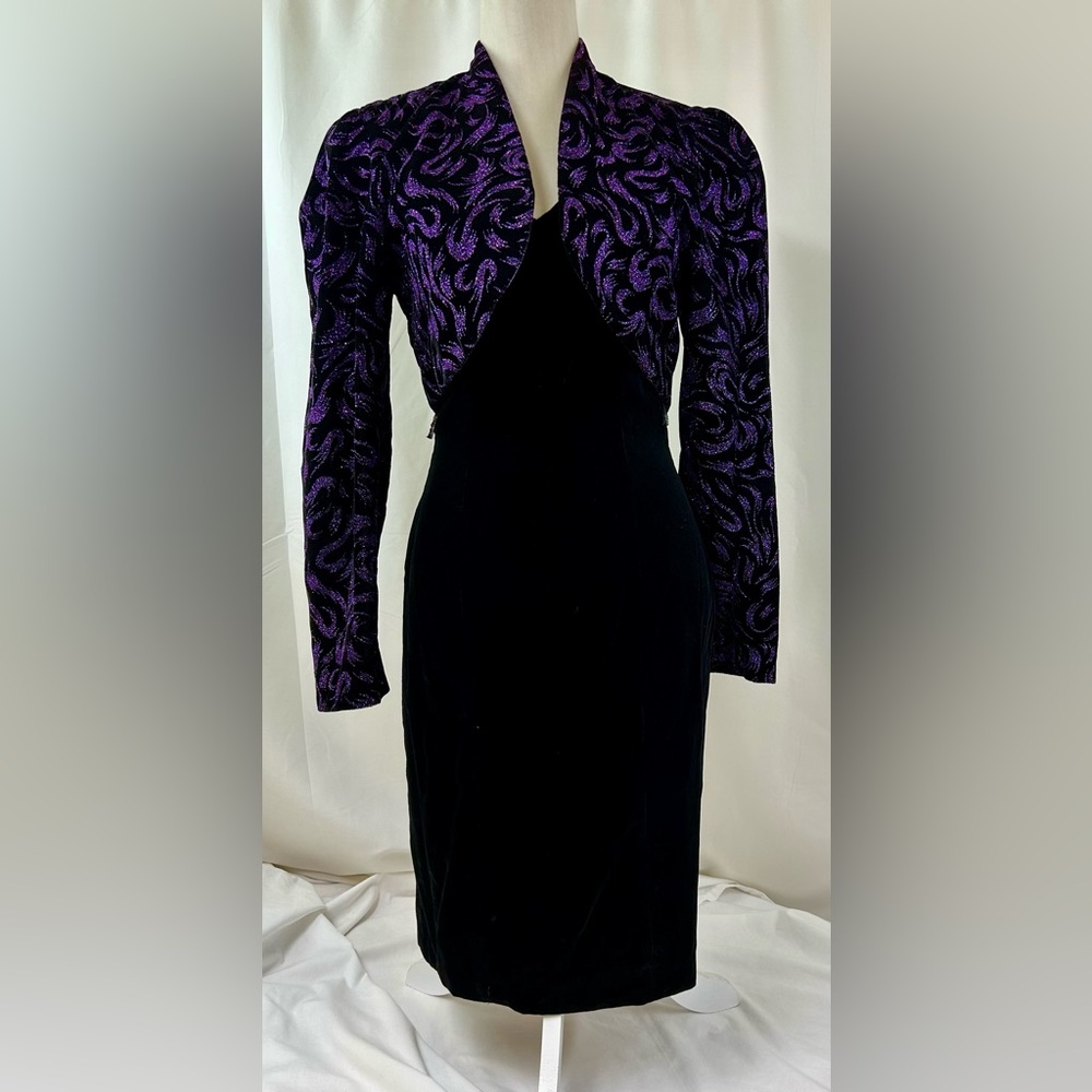 Vintage 80’s Zum Zum Black Velvet Sleeveless Dress with Purple Glitter Jacket